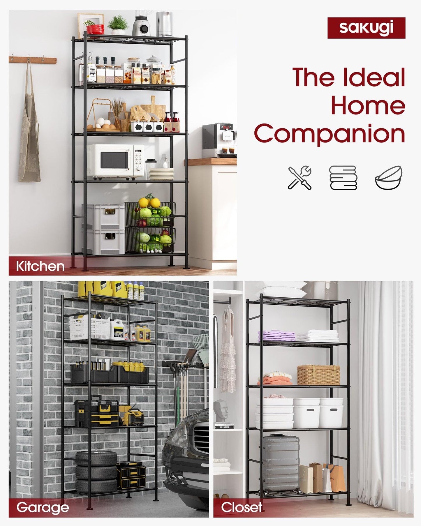 Storage Shelves - 5 Tier Shelf Organizer, Heavy Duty Garage Shelving Unit with Leveling Feet, Stable Metal Shelves Organizer for Pantry, Kitchen and Closet, 33.0" W x 12.6" D x 72.0" H, Black