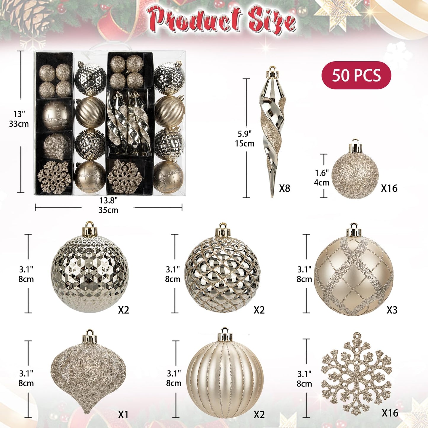 50PCS Christmas Tree Ornaments Set with Shatterproof Balls Icicle Snowflake Hanging Ornaments for Home Office Farmhouse Christmas Decorations, Champagne