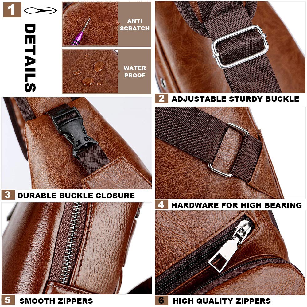 Peicees Leather Sling Bag Mens Crossbody Chest Bag Sling Backpack with USB Charge Port