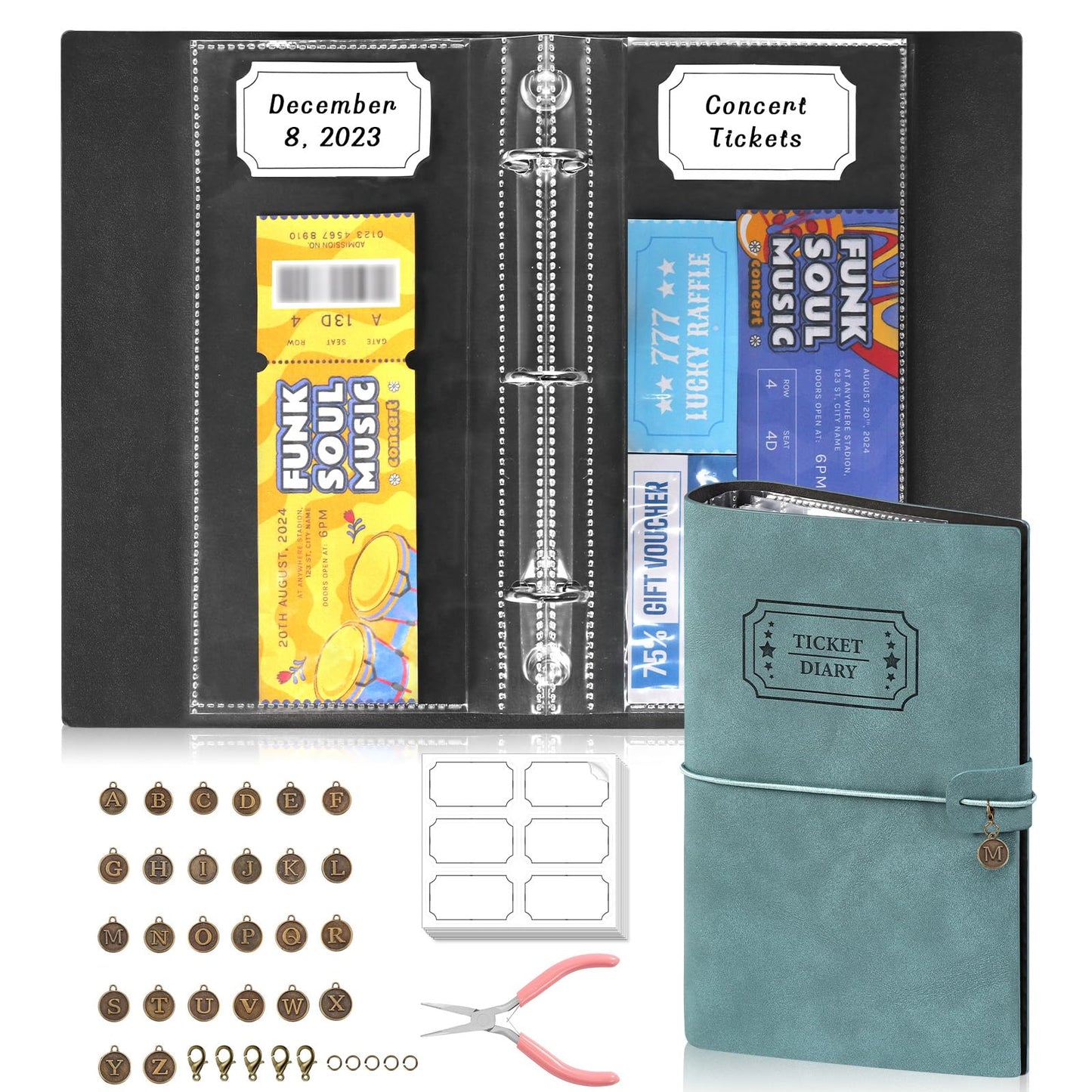 Blue PU Leather Ticket Stub Diary 3 Hole Ticket Stub Holder Album 6 x 9 Inch Ticket Stub Organizer with 40 PVC Pockets 42 DIY Stickies 26 Letter Charms for Collect Movie Concert Tickets Receipts