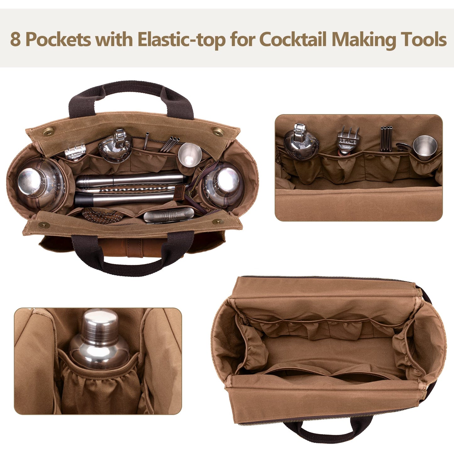 LoDrid Tote Bartender Bag, Genuine Leather Waxed Canvas Portable Carrying Cocktail Shaker Kit Bag with Handle for Travel Home Indoor Outdoor Party (Bag Only)(Patent Design)