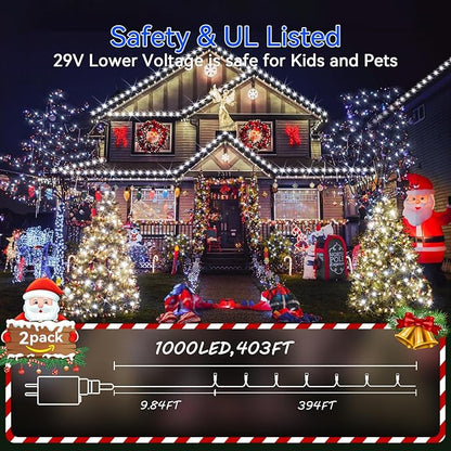 Hezbjiti 2 Pack 1000 LED 403 FT Christmas String Lights Outdoor, 8 Lighting Modes IP44 Waterproof Fairy Lights with Timer and Dimmable Function for Party Tree Decorations Cold White, Clear Wire