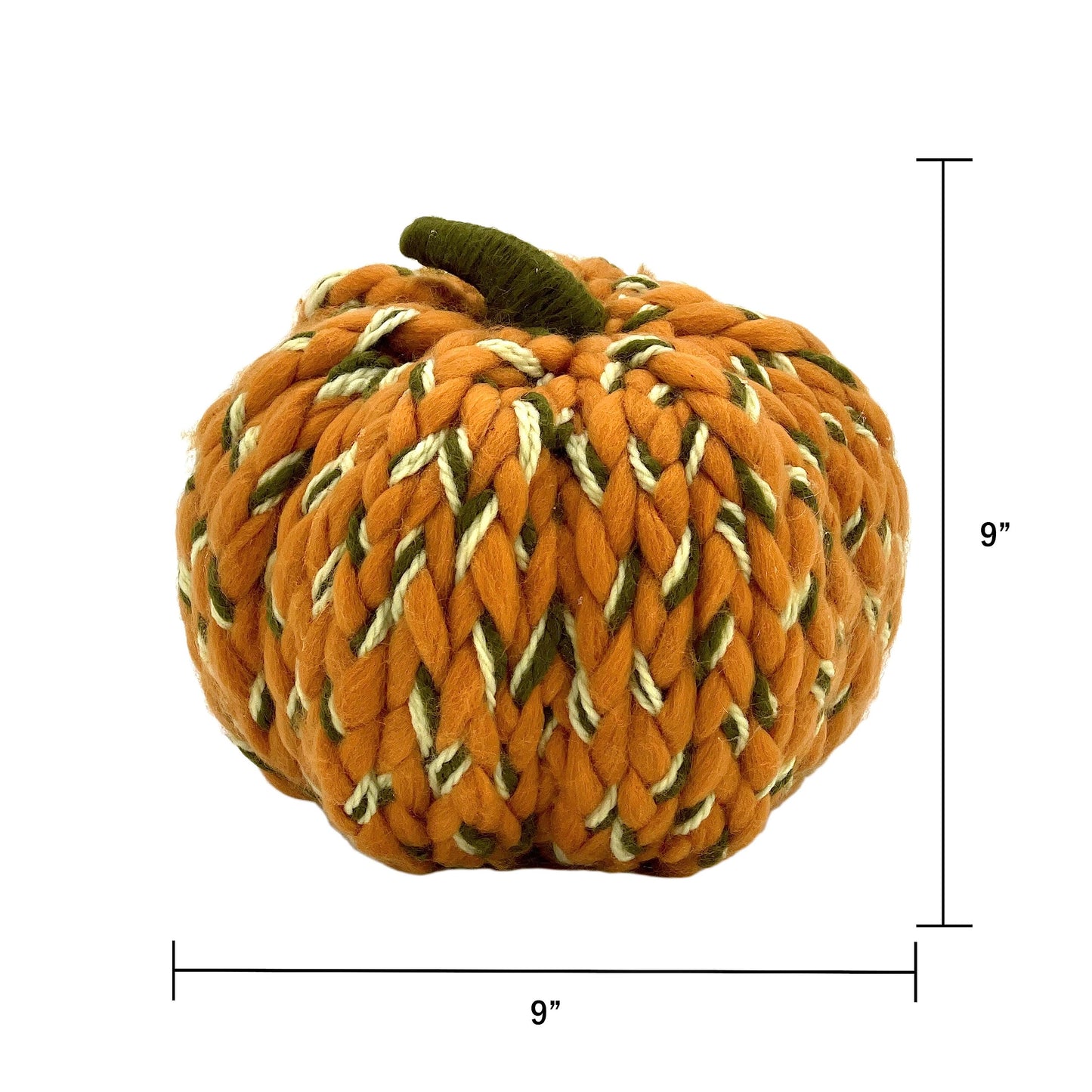 Galt International Chunky Yarn Woven Pumpkin Handmade Indoor Thanksgiving Harvest Decoration 9" Fall Autumn Home Decor Orange Green Cream Tabletop Coffeetable Mantle Dining Table Braided