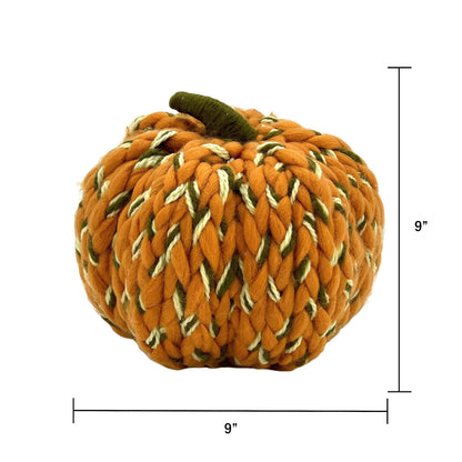 Galt International Chunky Yarn Woven Pumpkin Handmade Indoor Thanksgiving Harvest Decoration 9" Fall Autumn Home Decor Orange Green Cream Tabletop Coffeetable Mantle Dining Table Braided