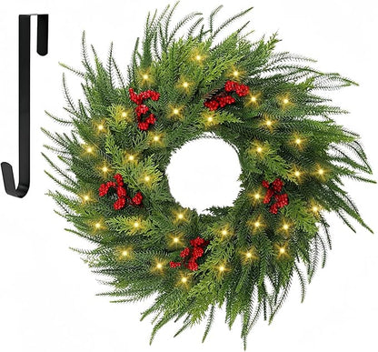 26'' Xmas Wreath with Lights,Large Norfolk Pine Wreaths with Red Berry and 50 LEDs, Battery Operated Christmas Reef with Timer for Door Window Winter Porch Decor