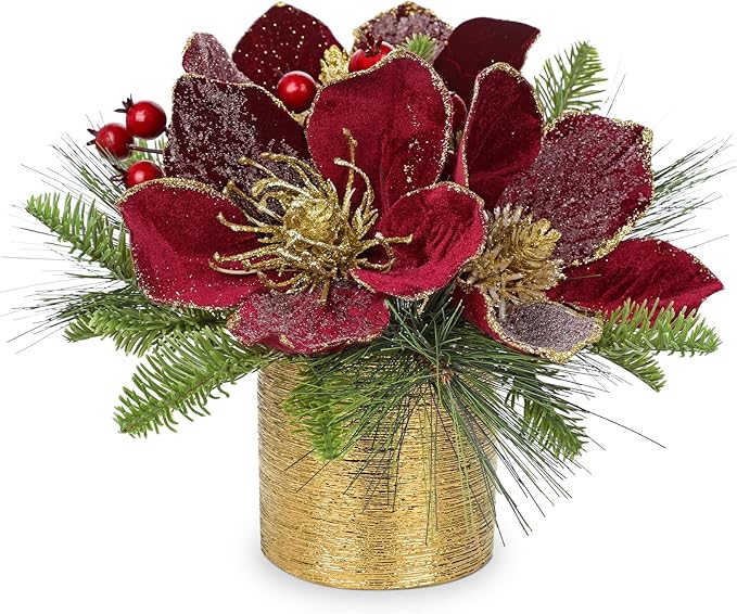 13 inch Christmas Table Centerpiece 5" Glitter Magnolia Flower and Berries Fir Greenery Artificial Christmas Floral Centerpiece in Silver Ceramic Pot Tabletop Xmas Table Arrangement Decor