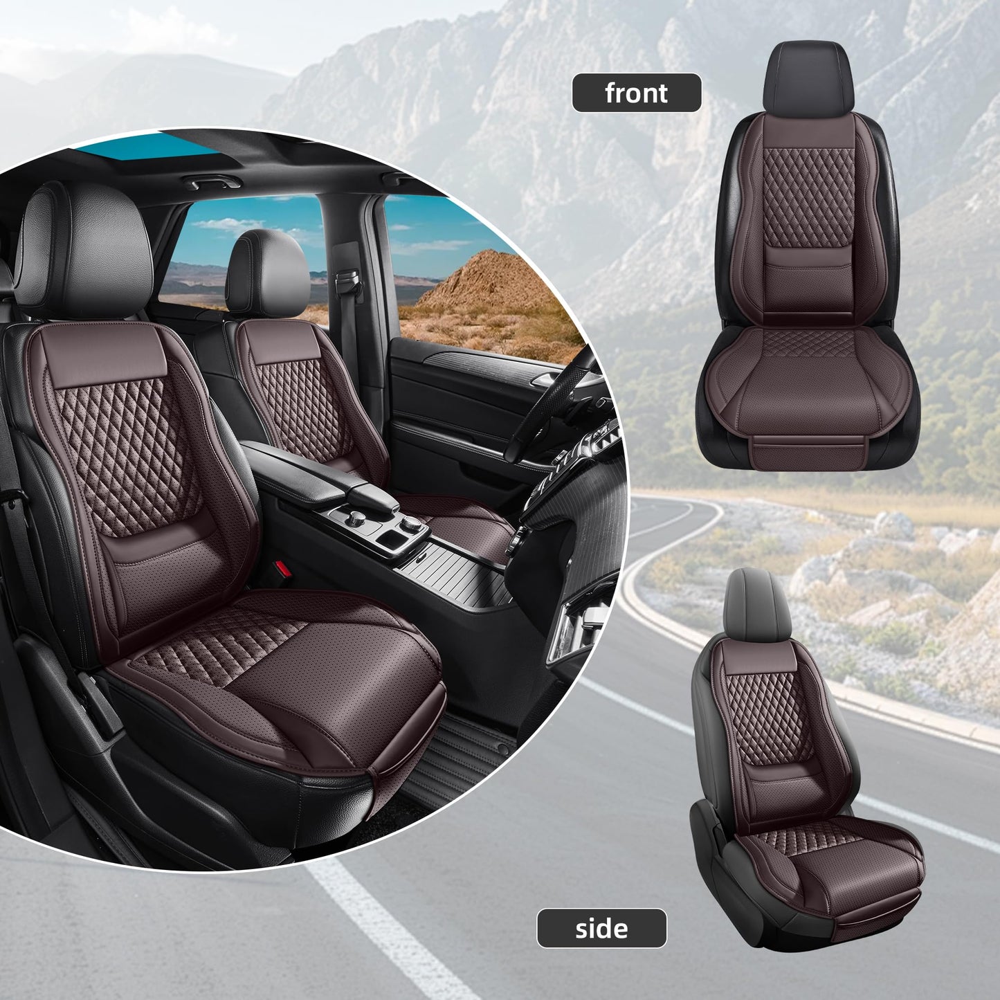 AuraSettle Premium Perforated Napa Leather Car Seat Covers Semi Universal Fit with Lumbar Support, Storage Bag for SUV Sedan Truck (Coffee Brown, Front Row Two Seats)