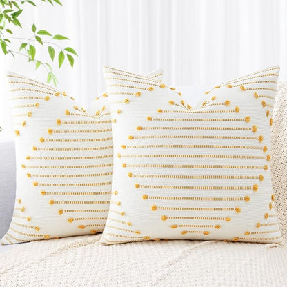Mecatny Boho Outdoor Throw Pillow Covers 18X18 Set of 2, Farmhouse Decorative Pillow Covers for Couch Sofa Living Room, Yellow & White