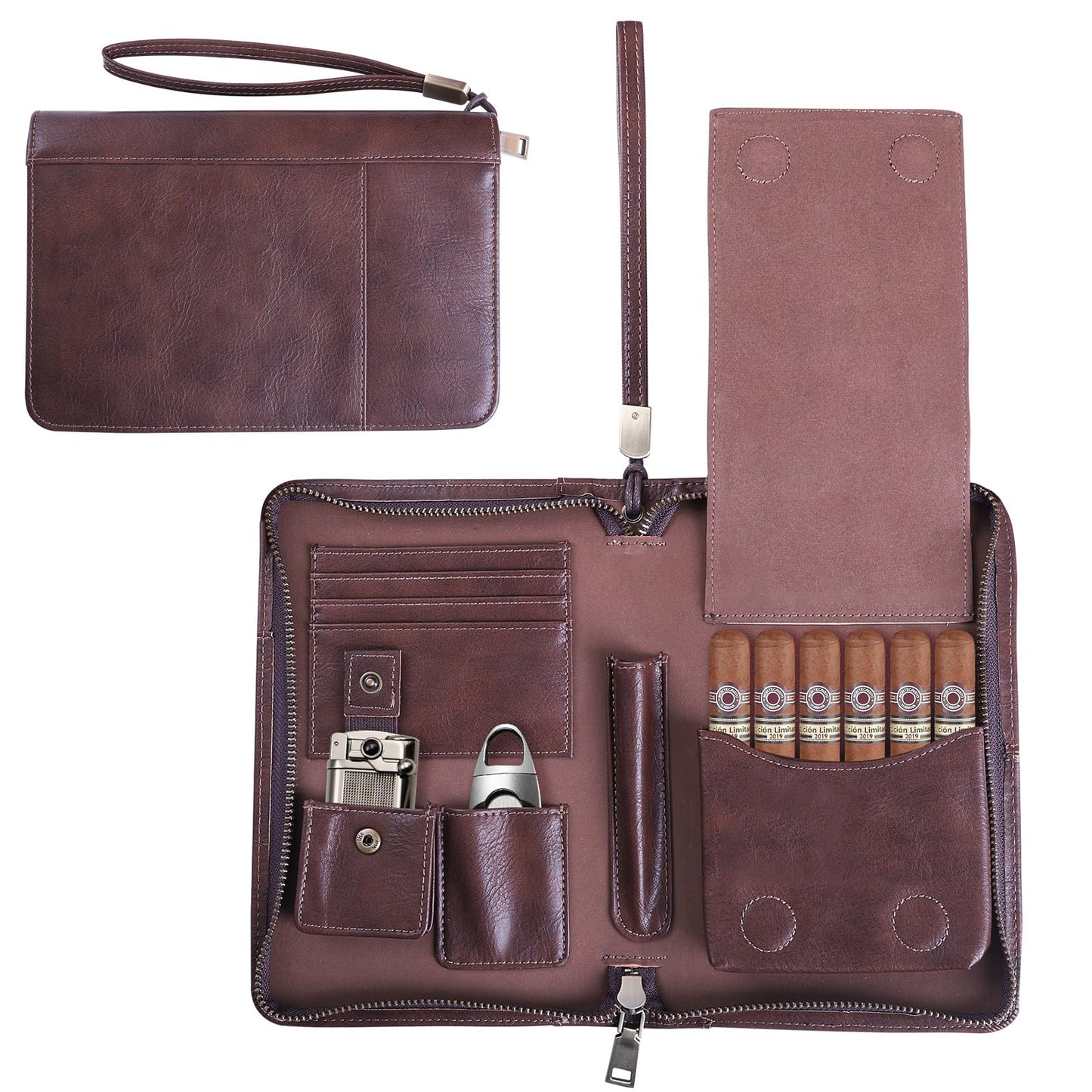 MCKDERWRILL Portable Travel Leather Cigar Case, Handmade Full Grain Leather Cigar Box, Holds 5-6 Cigars, Cigar Humidor, Cigar Accessories for Men Gift