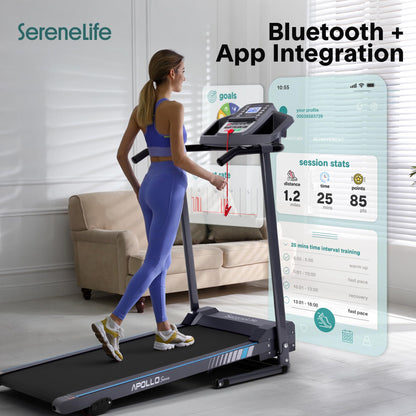 SereneLife - Electric Folding Treadmill Exercise Machine - Smart Compact Digital Workout Fitness Trainer w/ Bluetooth App Sync, Manual Incline Adjustment, For Walking, Running, Gym