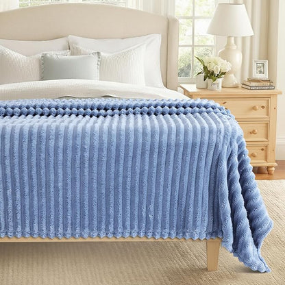 decorUhome Soft Fleece Blue Grey Throw Blanket for Couch, Cozy Fluffy Plush Flannel Striped Blanket for Sofa Bed, Lightweight Decorative Ribbed Fuzzy Blanket for Woman, 50x60 Inches