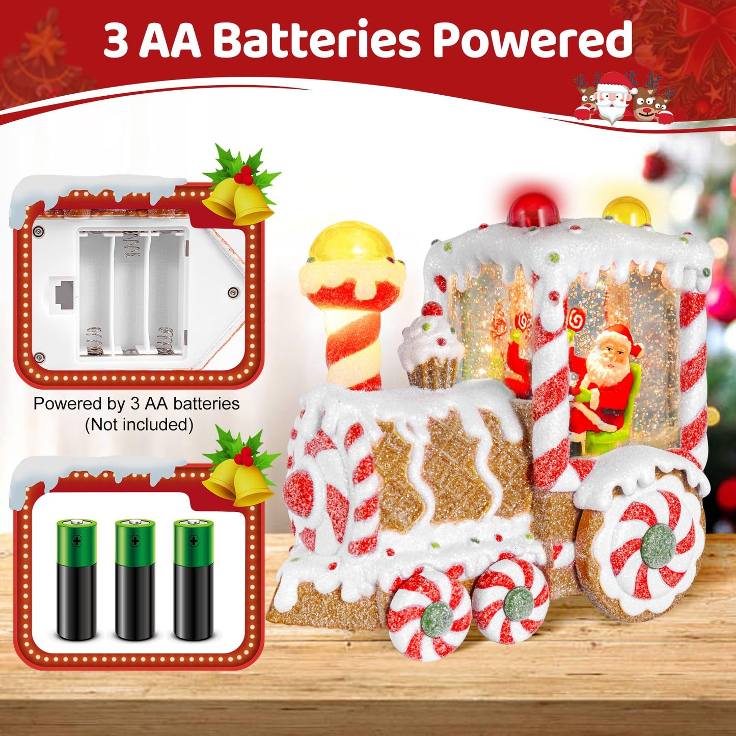 Christmas Snow Globes Dessert Train Water Glittering Lantern with 6H Timer Function Santa Snow Globe Christmas 3 AA Battery Operated for Xmas Festival Decorations Gifts (Dessert Train)