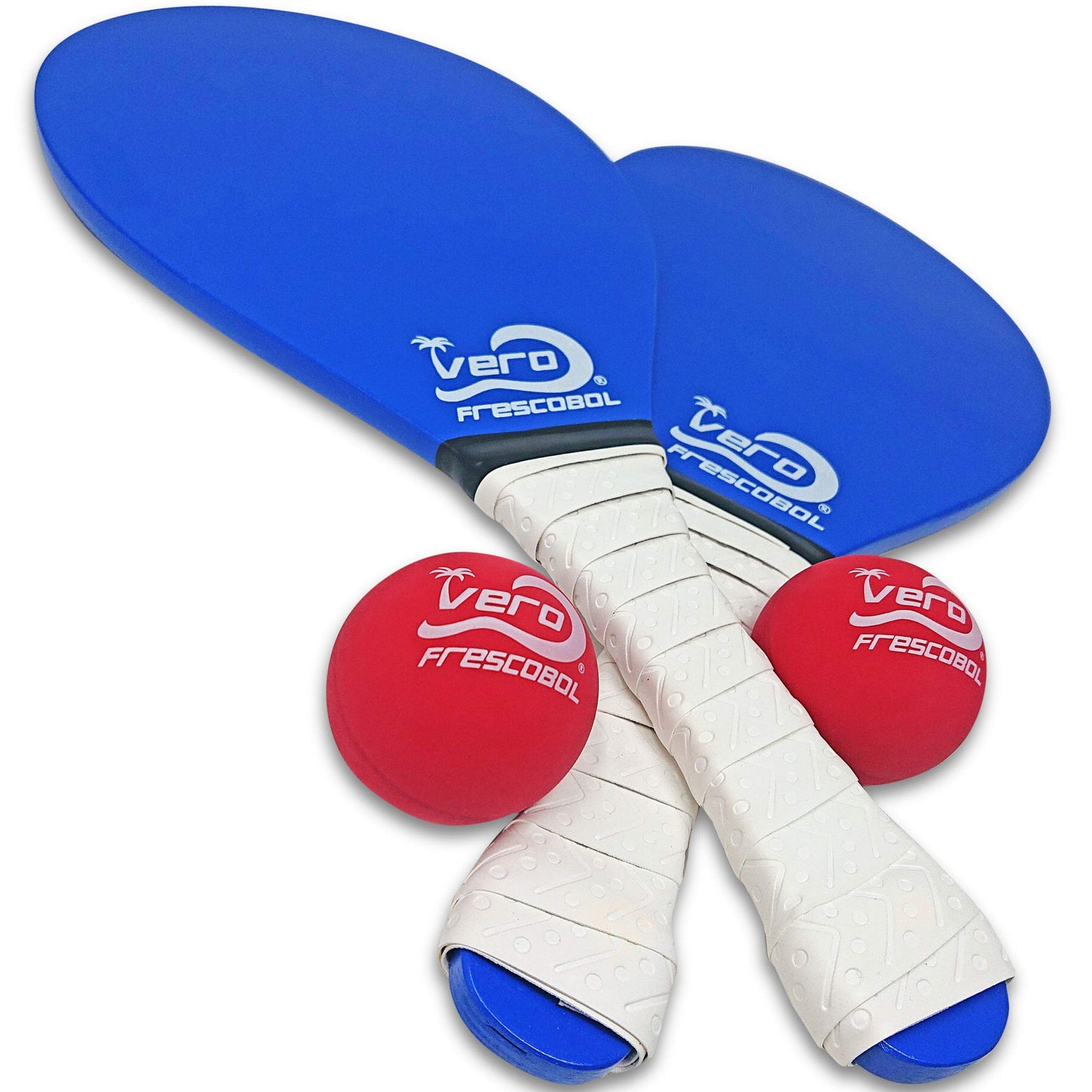 Frescobol Starter Set – 2 Vero Wood Beach Paddles with Premium White Padded Grips, Neoprene Carry Case, 2 Official Red Balls