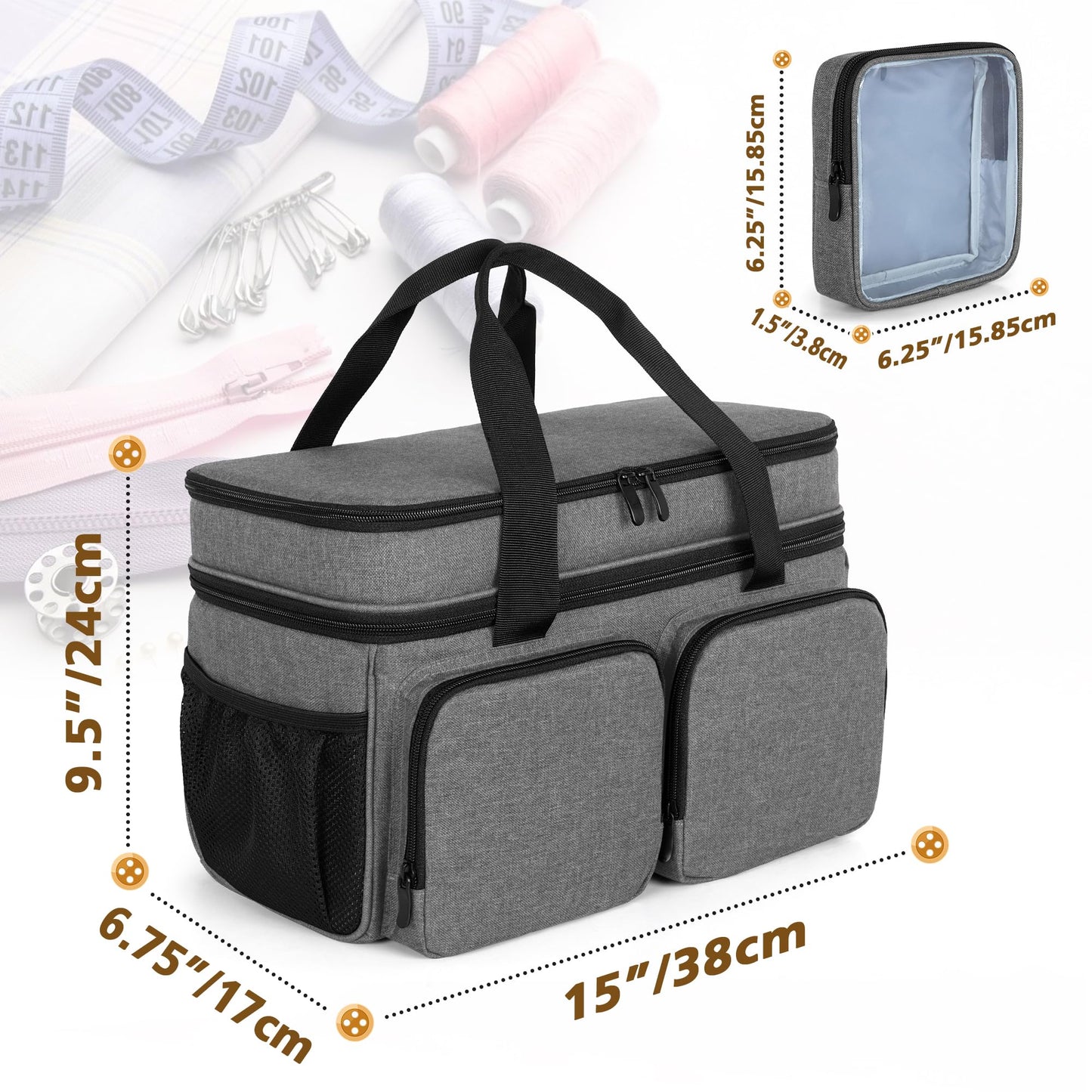 BAFASO Large Sewing Organizer Bag with an Individual Pouch and Detachable Dividers, 2 Layers Sewing Storage Bag for Sewing Supplies, Gray