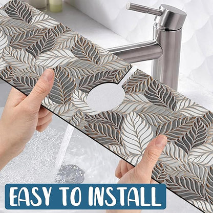 Embossed Leaf Texture Sink Faucet Absorbing Mat Grey Leaf Super Absorbent Fast