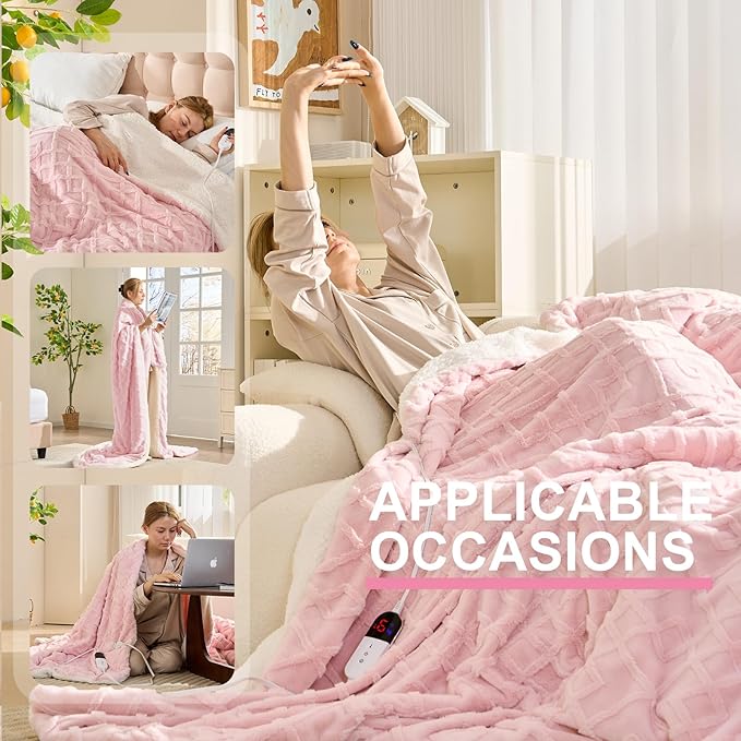 Electric Throw Heated Blanket-Super Soft Heated Throw with 6 Fast Heating Levels & 4 Hours Auto Off, 50"x60" Electric Blanket with Over-Heat Protection, Machine Washable to Keep Warm (Pink)