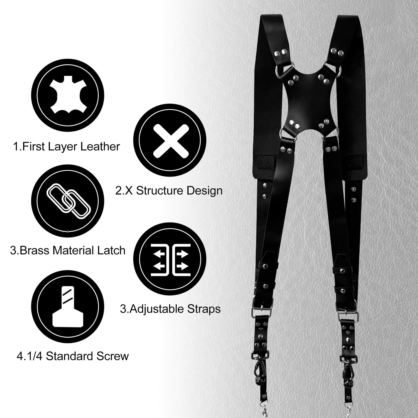Yunzuiyue Double Camera Strap, Shoulder Camera Strap Harness Leather Dual Camera Strap for Two DSLR/SLR Cameras, Adjustable (Black