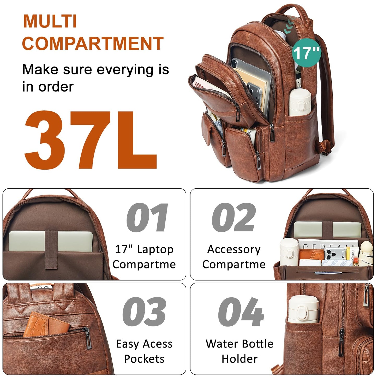 LATMAP Vegan Leather Backpack Purse for Women Men 17 Inch Laptop Backpack for Travel Multipurpose Design Ladies Work College Handbag Shoulder Bag - Brown