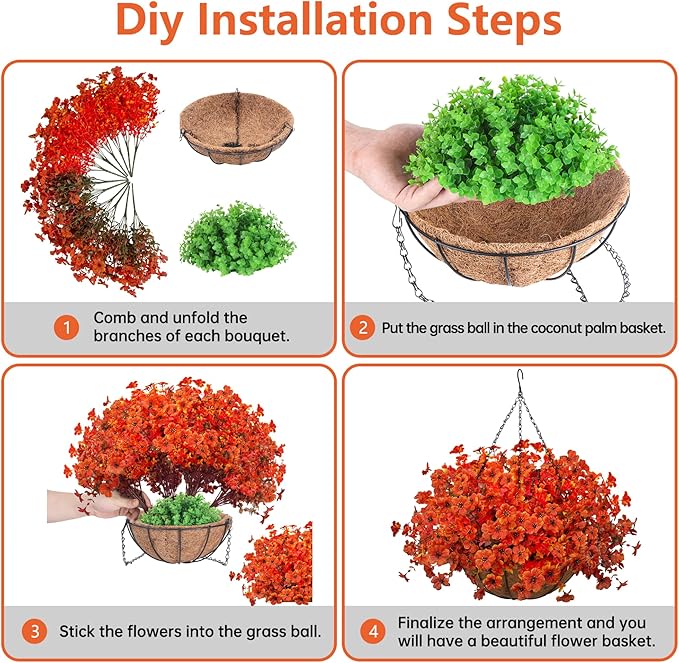 Artificial Fall Flowers with Hanging Baskets Outdoors for Decoration Faux mums for Outdoor planters Fake Mums Artificial Hanging Plants UV Resistant for Autumn Porch Home Patio Decor (Harvest Orange)