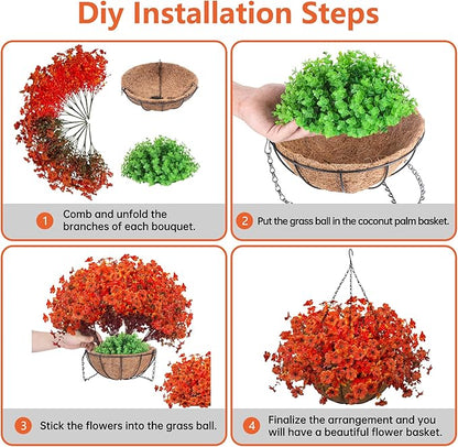 Artificial Fall Flowers with Hanging Baskets Outdoors for Decoration Faux mums for Outdoor planters Fake Mums Artificial Hanging Plants UV Resistant for Autumn Porch Home Patio Decor (Harvest Orange)