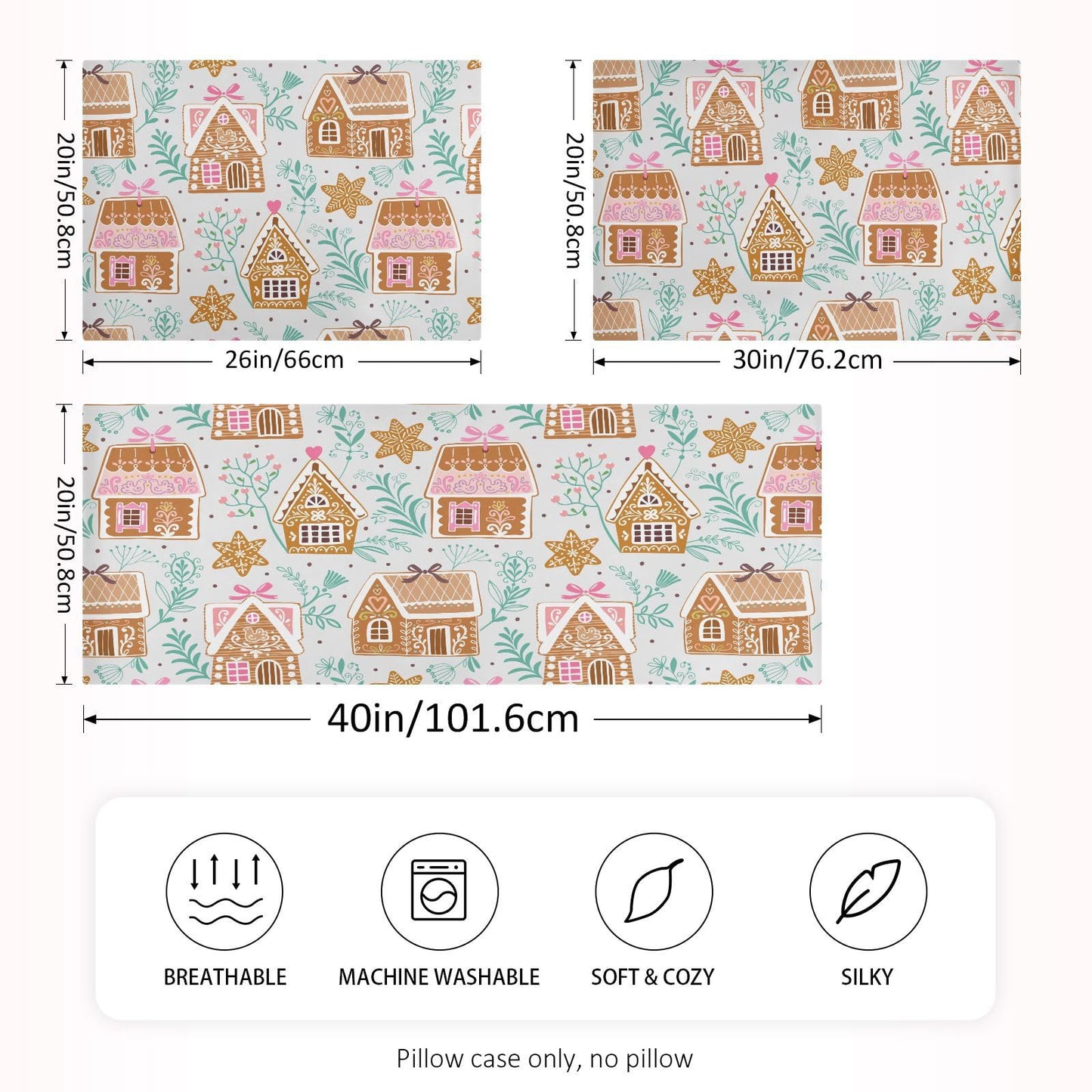 Dalzium Christmas Satin Pillowcase for Hair and Skin, Gingerbread Houses and Stars Silk Pillow Case Soft and Cozy Body Pillow Covers Queen Size with Envelope Closure, M