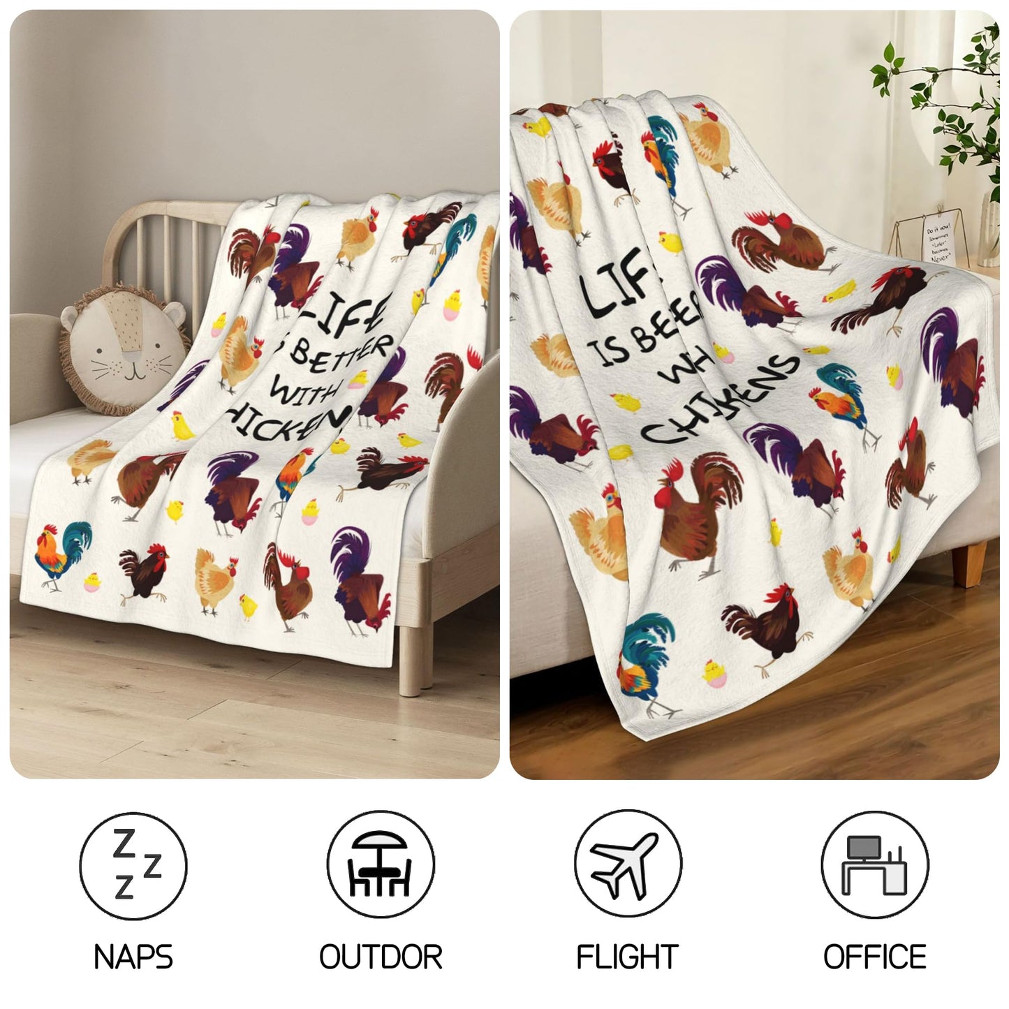 Chicken Blanket Rooster Flannel Throw Blanket 60"x50" Blanket for Adult and Kids Decorative Blankets Funny Soft Cozy Blanket