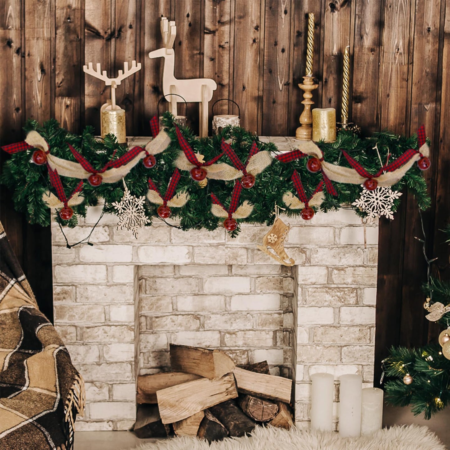 Winlyn Rustic Sleigh Bell Garland - 6 Yards Burlap with Buffalo Plaid Ribbon - Metal Jingle Bells - Farmhouse Christmas Tree & Banister Mantel Decoration