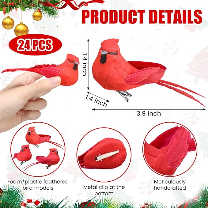 24 Pieces Red Cardinal Ornaments 3.9 Inch Cardinal Clip Artificial Birds Bulk Decorative Realistic Birds for Christmas Tree Decoration Arts Wreaths Craft Seasonal Displays