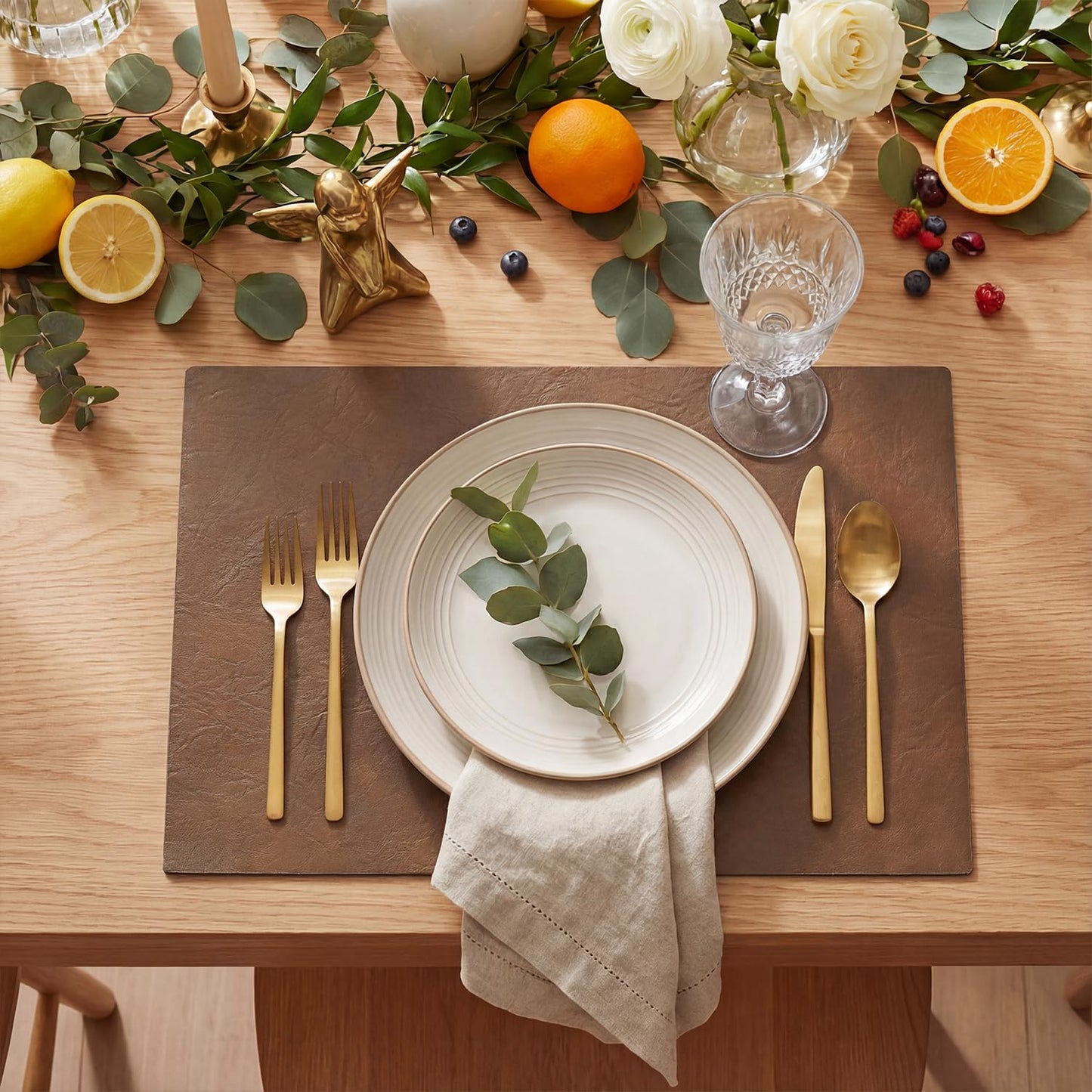 Artoid Mode Brown Faux Leather Placemats Set of 6, 12x18 Inch Waterproof Wipeable Heat Resistant Vinyl Place Mats, Reversible Table Mats for Kitchen Dining Decor