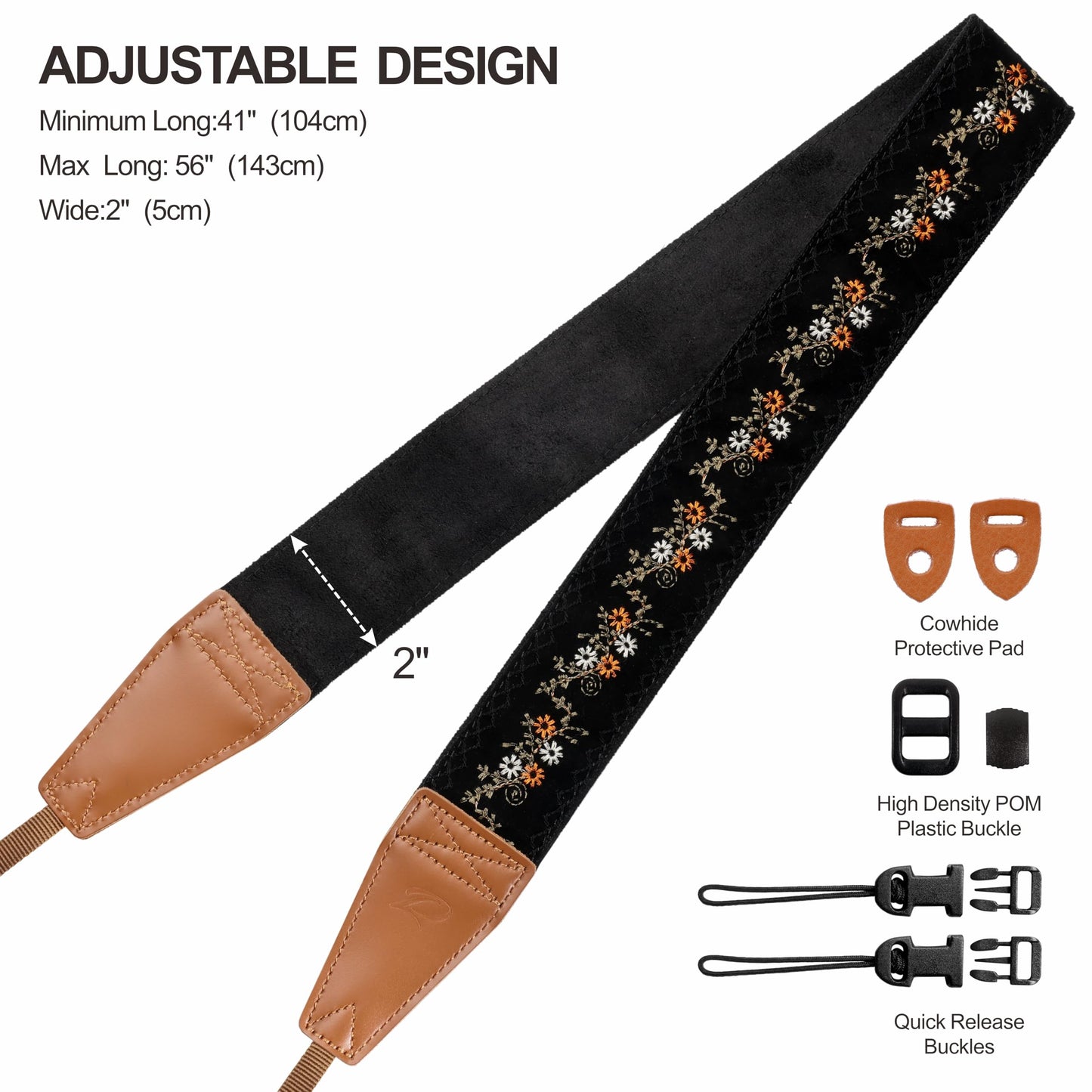 Padwa Lifestyle Camera Strap - 2" Full Grain Leather Ends Camera Straps for Photographers, Vintage Embroidered Cotton Weave Soft Suede Fabric Padded Strap Quick Release fits All Cameras