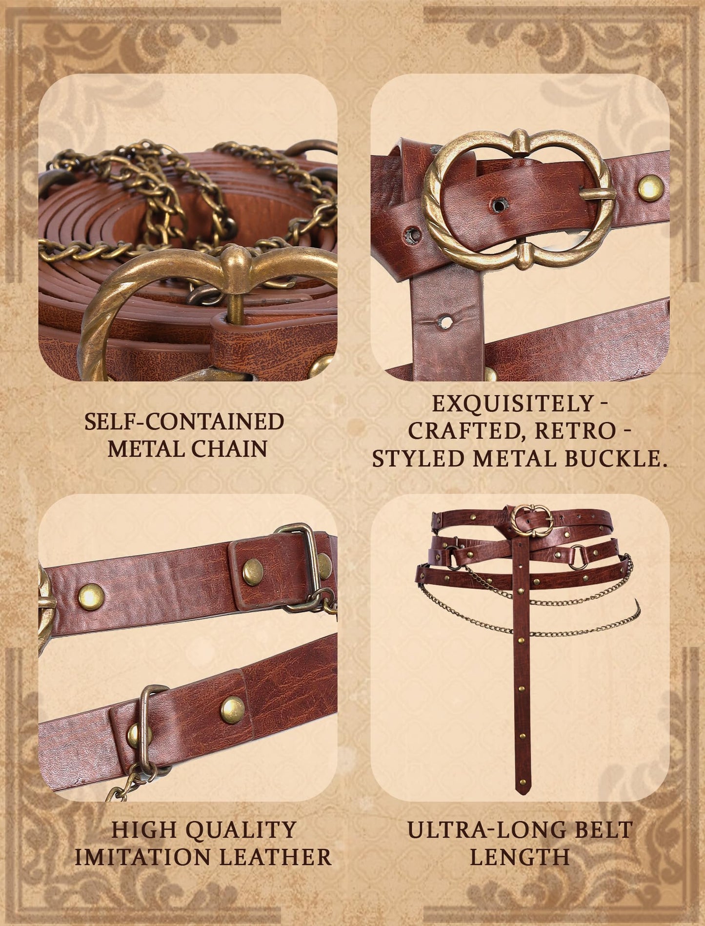 Minhuida Medieval Belt with Renaissance Bag & Detachable Chains, Vintage Faux Leather Waist Pouch Dresses Belt Halloween Cosplay Costume Accessorie