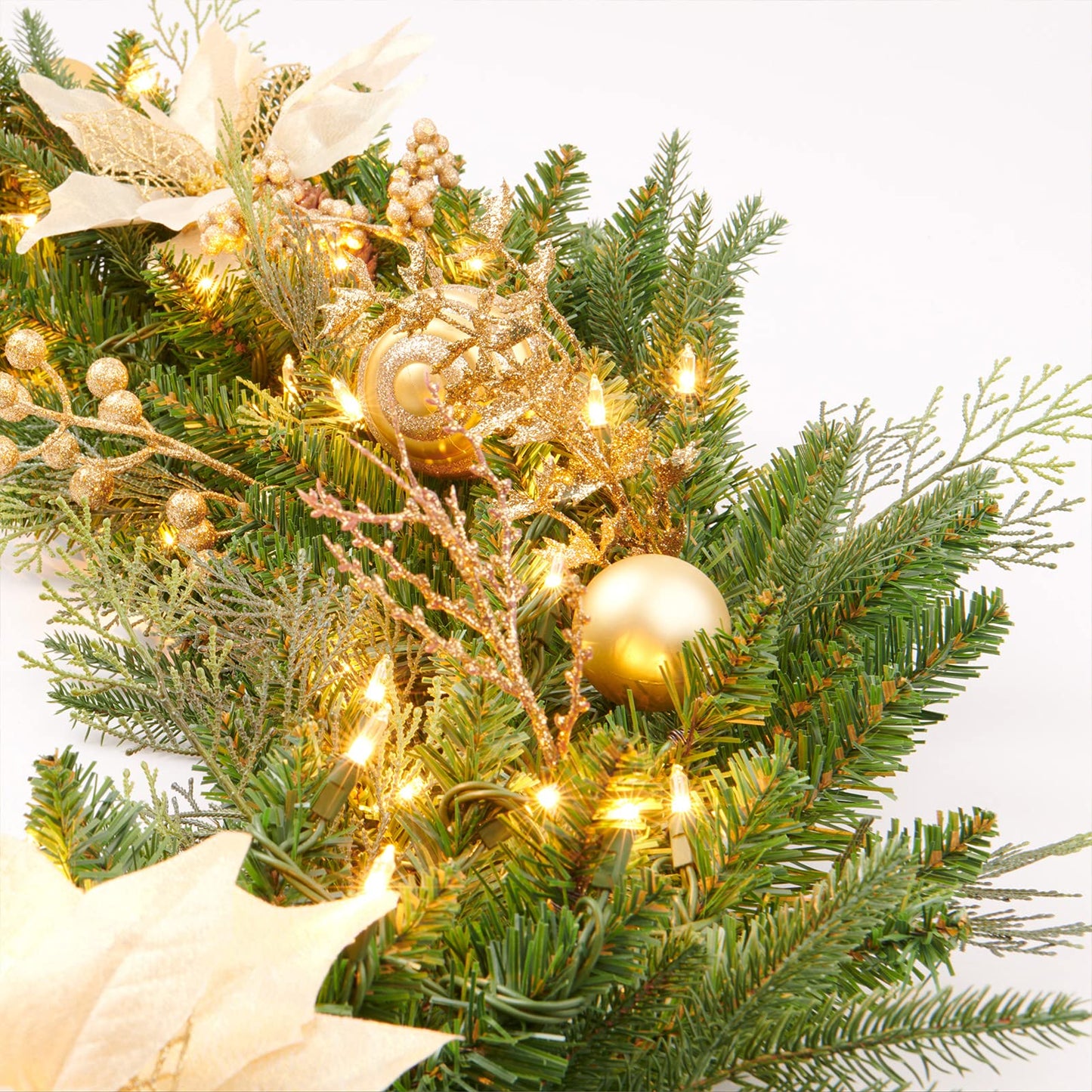 AMERZEST Pre-lit 9ft Christmas Garland with Gold Berries and Balls,Pine Cone,Golden Flower and 50 Battery Operated Soft White LED Lights with Timer,Artificial Holiday Decoration Door Outdoor