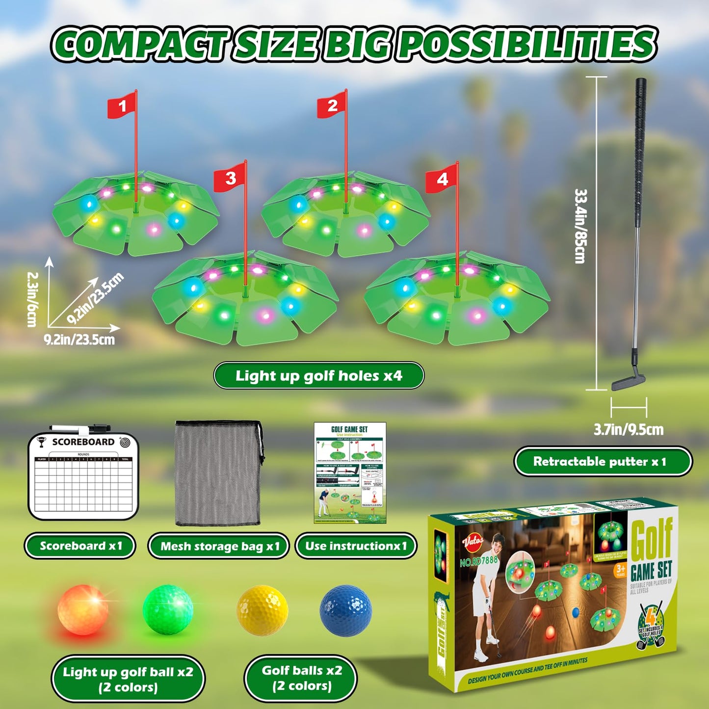 VATOS Light up Golf Putting Game Set - Glow Mini Golf Toy with 4 LED Holes, 4 Balls(2 Glow), Extendable Putter,Build Your Own Course at Home Indoor Outdoor Family Fun Golf Gifts for Kids Adults Golfer