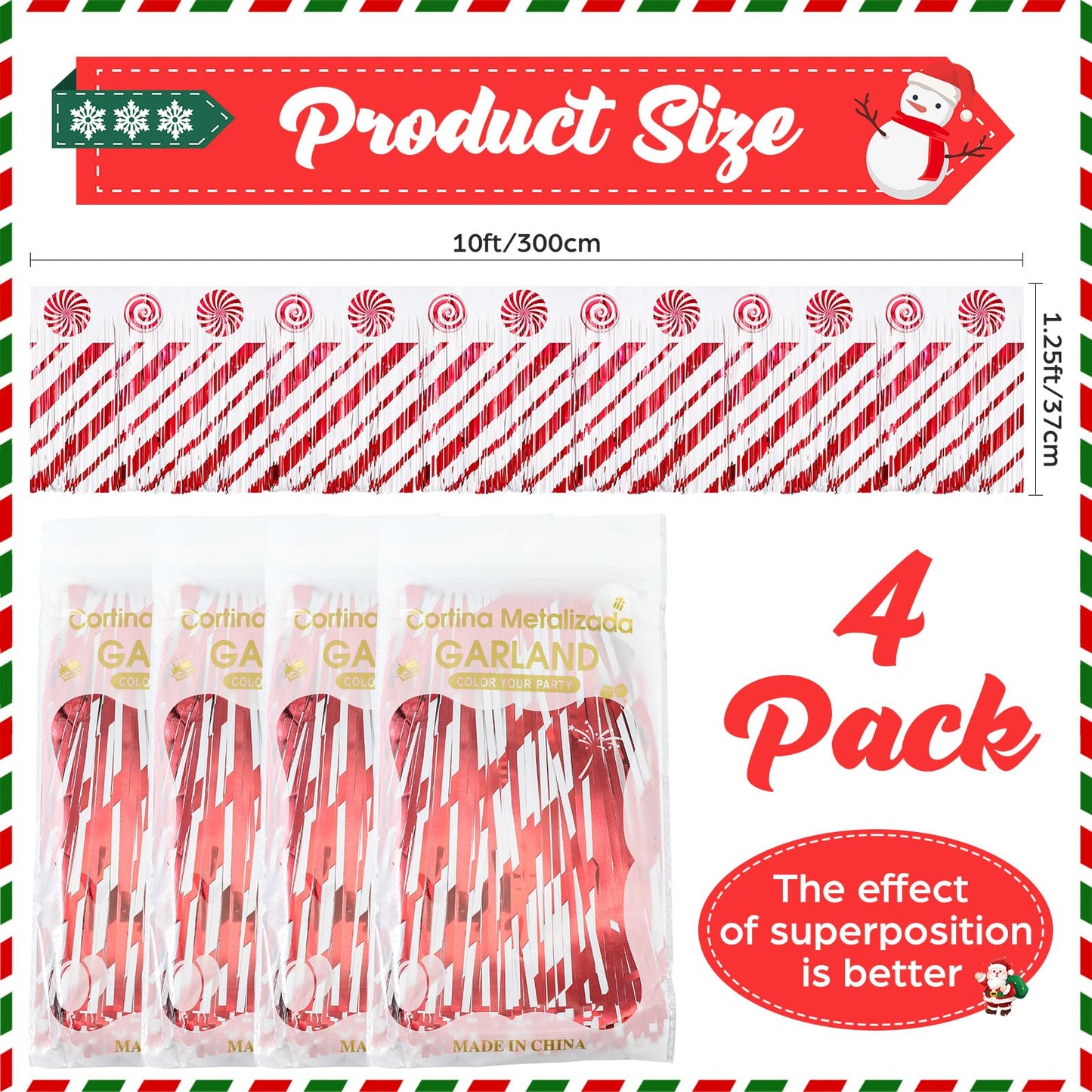 Mindsoft 4 Pack 39 ft Christmas Parade Floats Decoration Foil Fringe Candy Cane Peppermint Lollipop Metallic Tinsel Garland Table Skirts for Xmas Trailer Car Homecoming Party