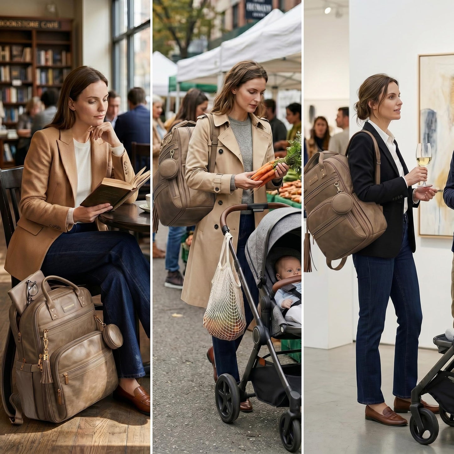 ROSEGIN Premium Vegan Leather Diaper Bag Backpack with Waterproof Changing Pad, Reinforced Zippers & Odor-Free, 20 Pockets Pro Organizer, Fits 15.6" Laptop, Stroller Straps, Baby Bag for Mom, Taupe