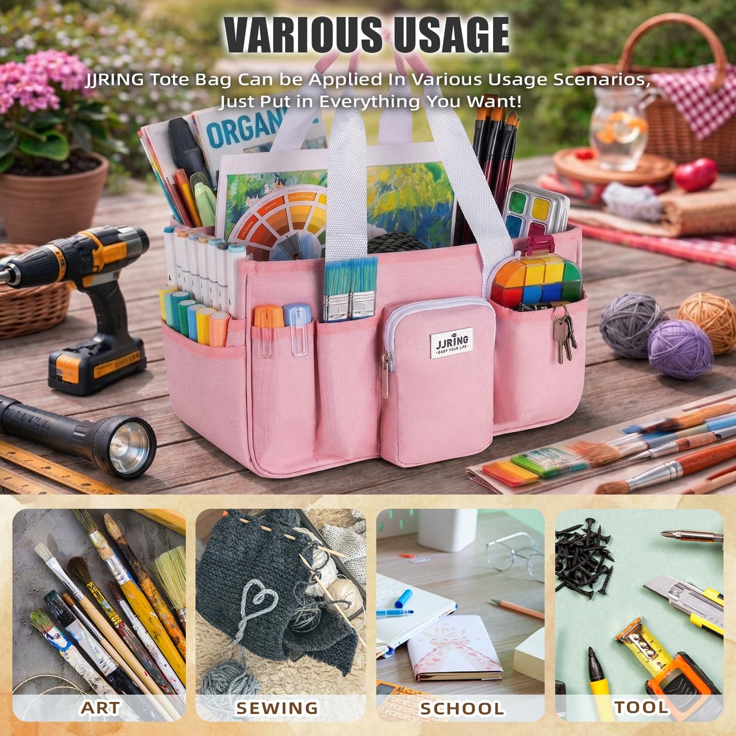 Jjring Craft Organizer Tote Bag, Portable Art Caddy with Adjustable Divider&Secure Zipper Pocket, Foldable Storage Tote for Scrapbooking, Sewing, Artist and Home(Pink)