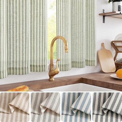 jinchan Striped Linen Kitchen Curtains 30 Inches Length Tier Curtains Farmhouse Modern Cafe Style Small Window Treatments Airy Light Filtering Rod Pocket for Living Room Bathroom 2 Panels Sage Green