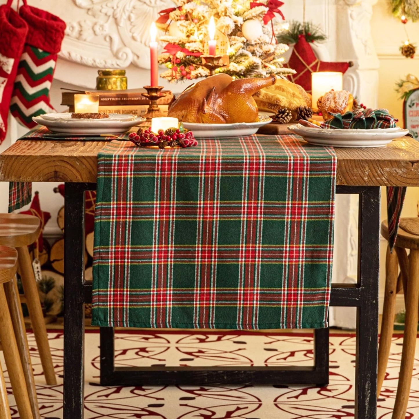 Green Red Plaid Christmas Table Runner, Winter Holiday Table Runners 108 inches Long Xmas Decorations Indoor Outdoor Farmhouse Home Kitchen Dining Party Decor