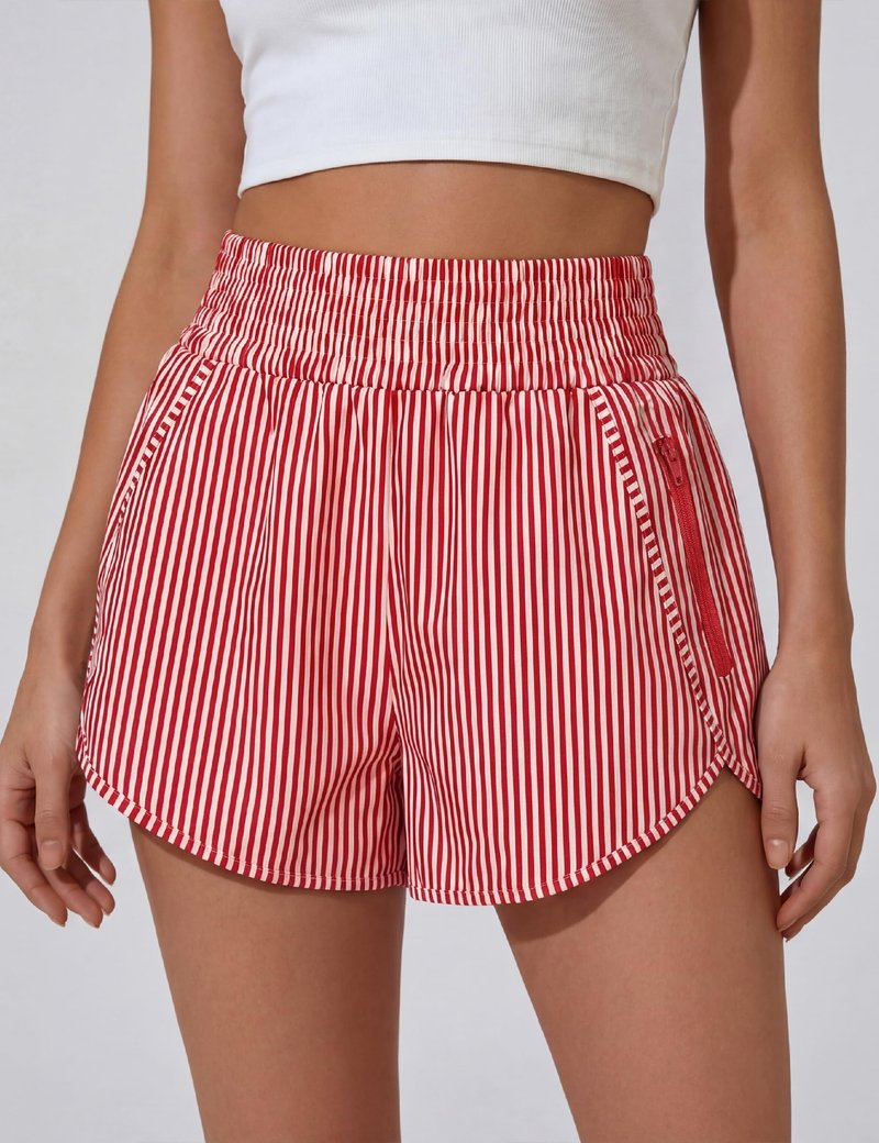 BMJL Women's Athletic Shorts High Waisted Running Short Pocket 2.5" Sporty Shorts Gym Elastic Workout Shorts(S,Red Striped)