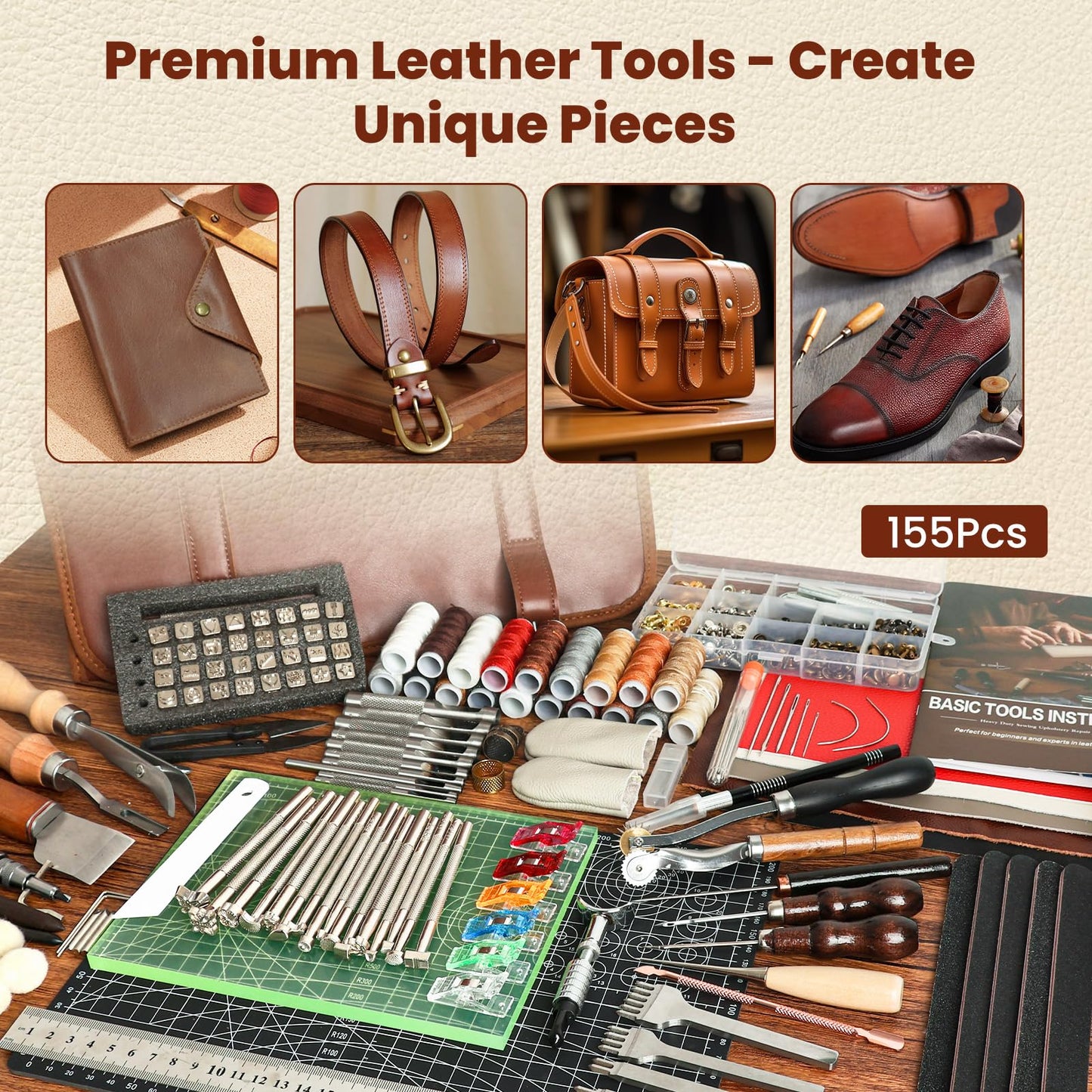 ZAMQIU Leather Working Kit, 155-Piece Leather Tooling Kit with Carving Stamping Sewing Punching Cutting, Leatherworking Tool Set for Beginners, DIY Craft Starter Set for Wallet, Belt, Bag Making