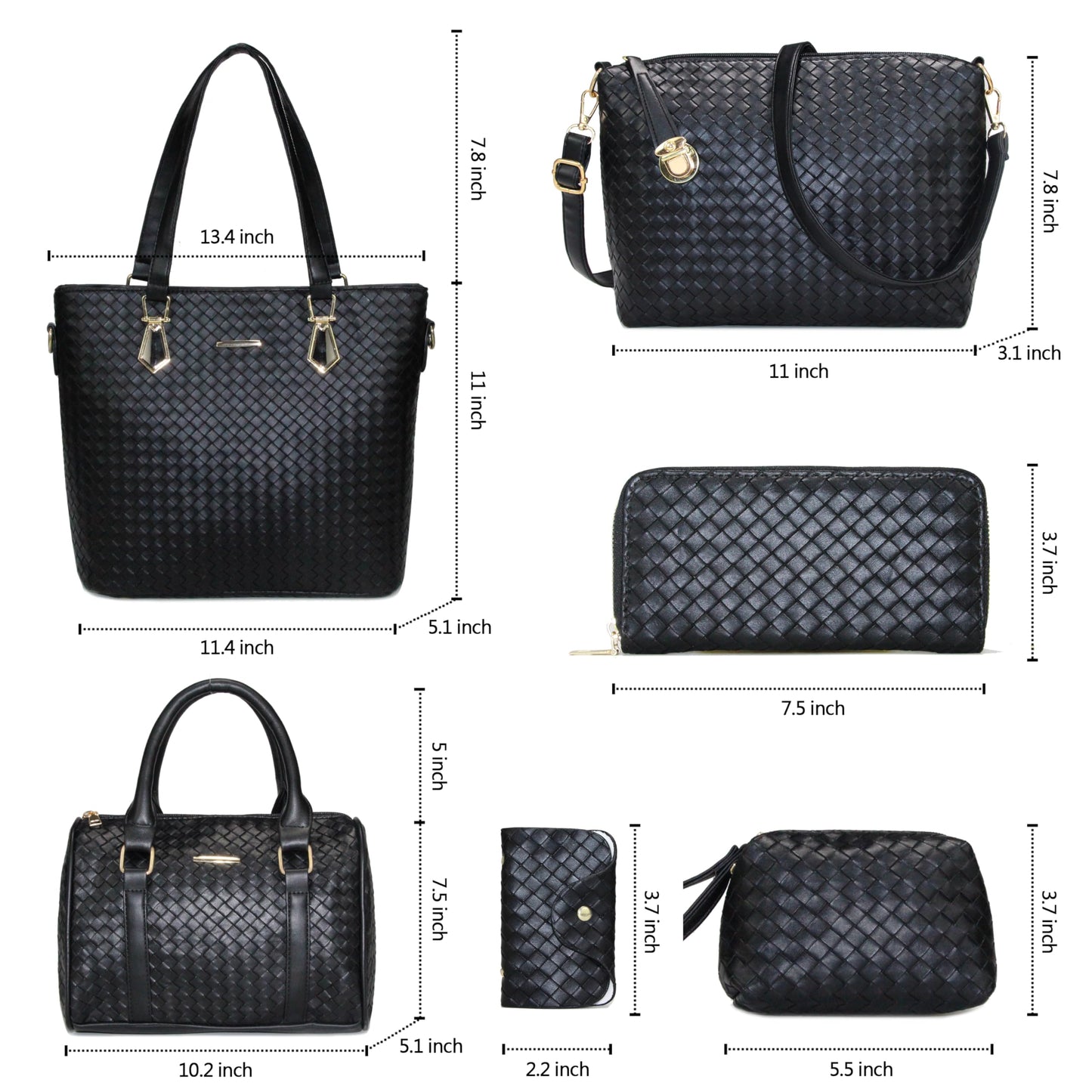 OTMIPIML Purses and Handbags for Women Synthetic Leather Tote Crossbody Bags Satchel Purses Set 6pcs (4A-Black-woven)