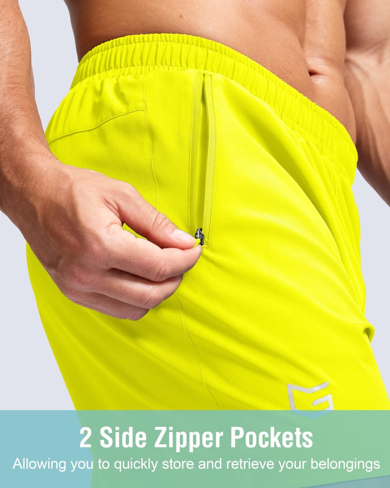 G Gradual Men's Athletic Running Shorts with Zipper Pockets Quick Dry 7"/ 5"/ 9" Workout Gym Shorts for Basketball Hiking(Fluorescent Yellow,9M)