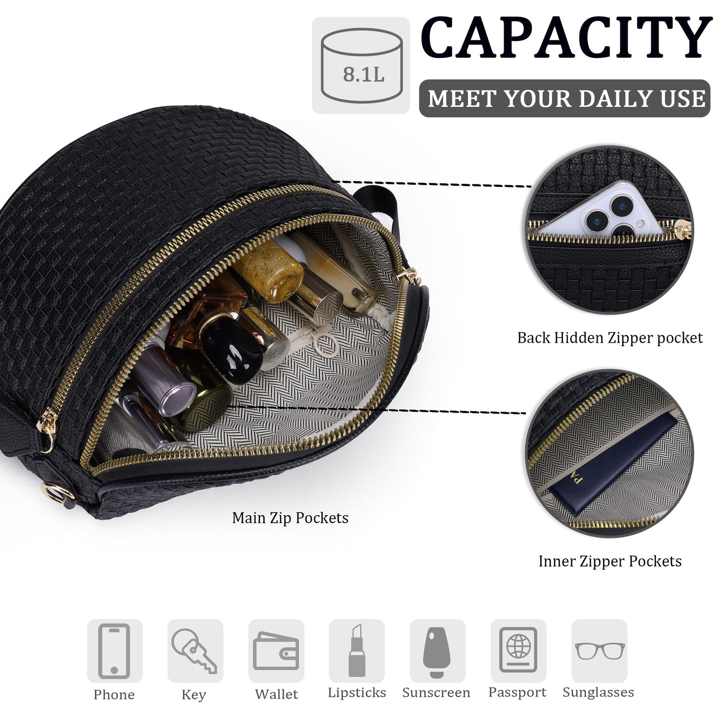 AMZFROG Checkered Woven Cross body Bum Bags for Women Trendy Casual Chest Bag Sling Bags Genuine Leather Fanny Packs Adjustable Strap Large Waist Bag for Outdoor Travel Black