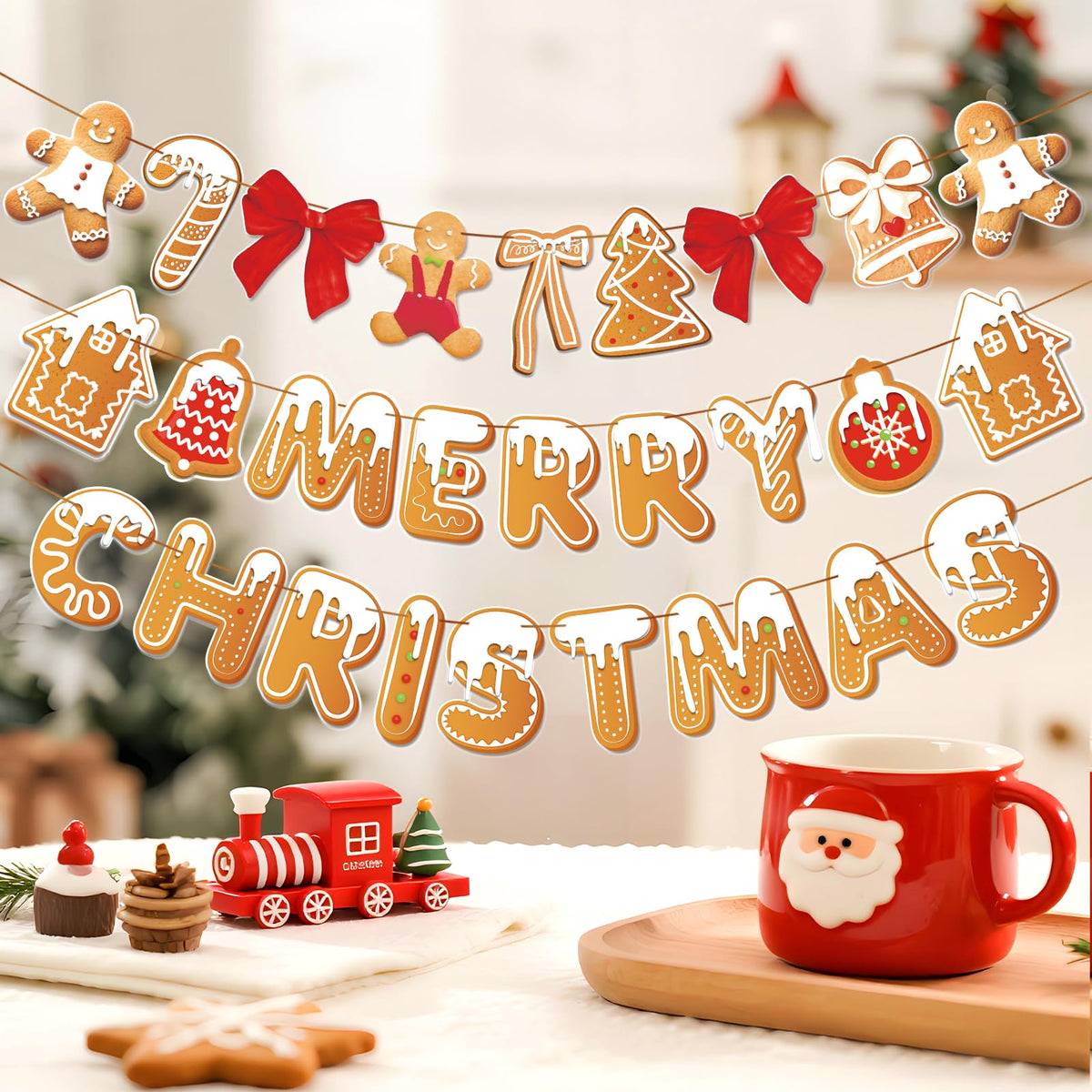 Merry Christmas Banner Gingerbread Christmas Hanging Decoration 3PCS Gingerbread Theme Garland Banner for Holiday Home Office Fireplace Wall Decor Outdoor Indoor Xmas Party Banner