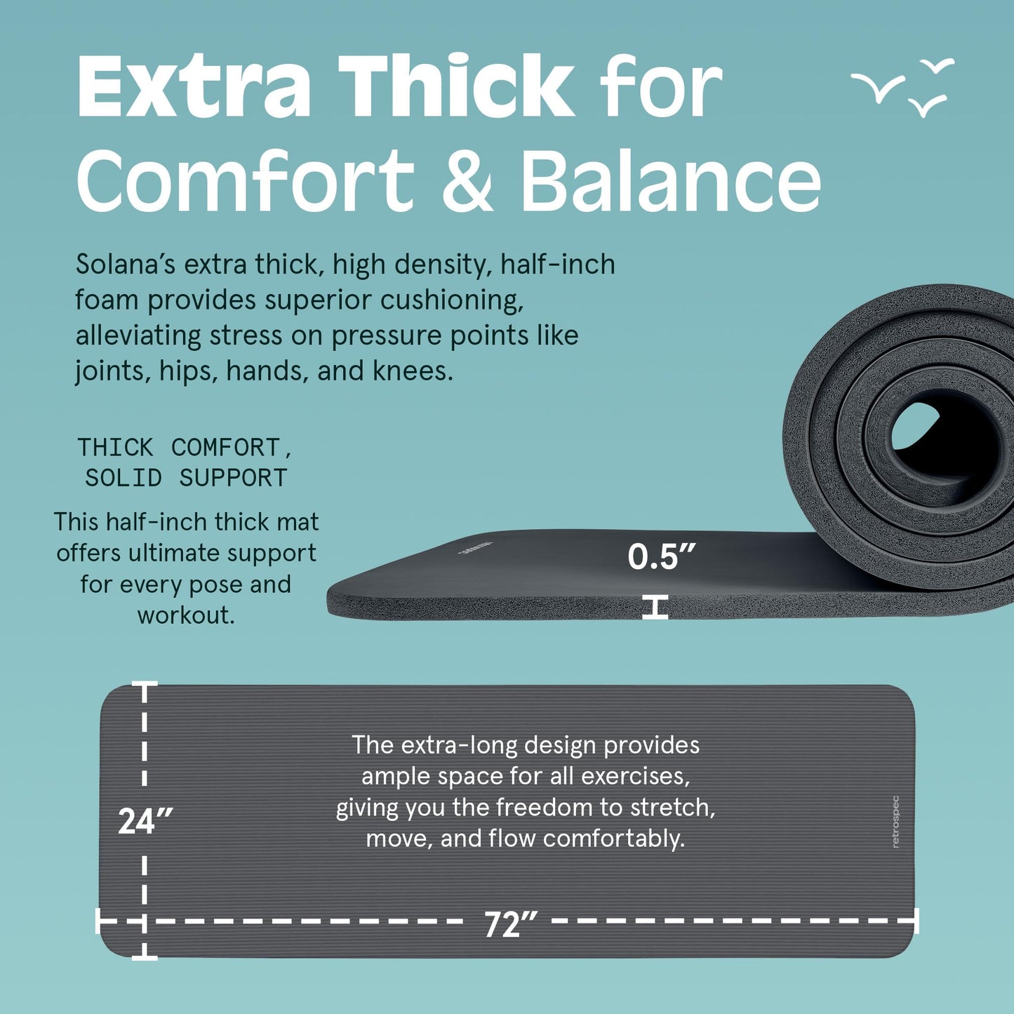 Retrospec Solana Yoga Mat 1/2" Thick w/Nylon Strap for Men & Women - Non Slip Exercise Mat for Yoga, Pilates, Stretching, Floor & Fitness Workouts