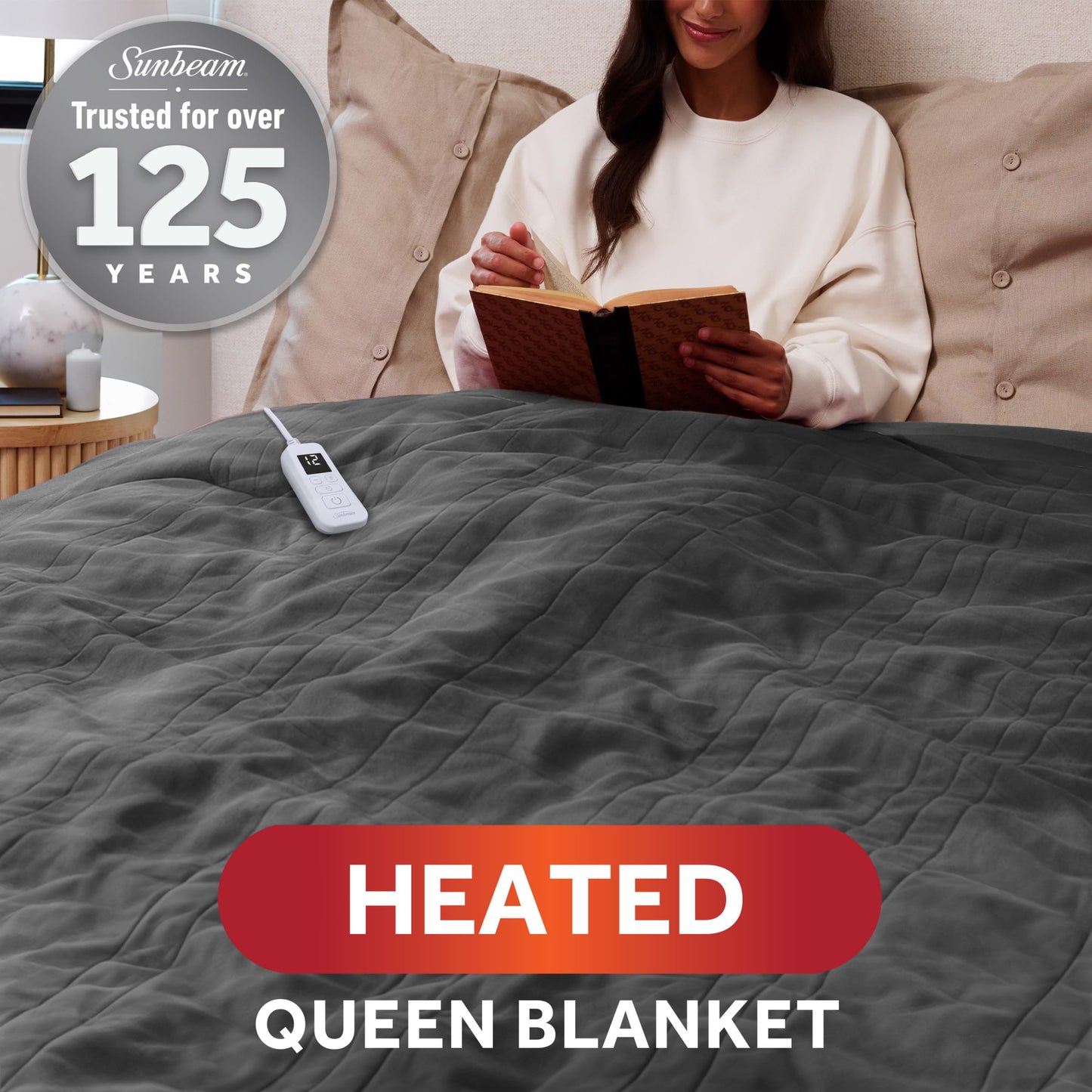 Sunbeam Royal Ultra Fleece Heated Electric Blanket King Size, 90" x 100", 12 Heat Settings, 12-Hour Auto Shut-Off, Machine Washable, Pebble Beige