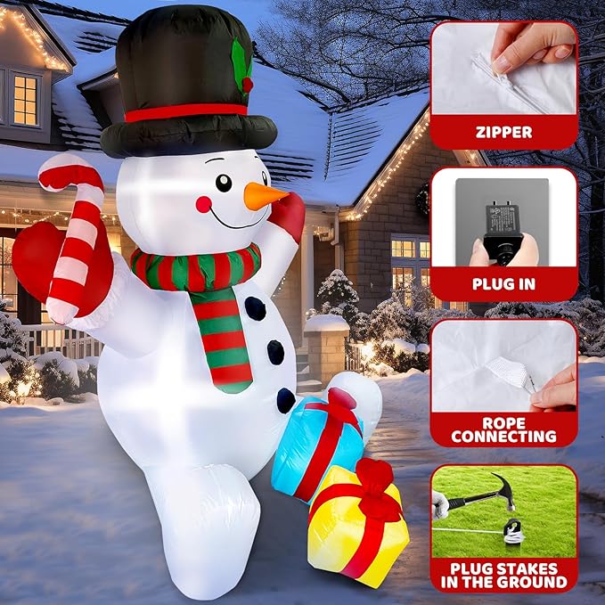 6FT Snowman Inflatable Present & Snowman Christmas Decorations with LED Lights Christmas Blow Up for Indoor Outdoor Yard Decoration