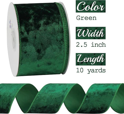 MEEDEE Green Velvet Wired Ribbon 2.5 inch Crushed Velvet Christmas Ribbon 10 Yards for Christmas Tree Decoration, Wreath Supplies, Crafts Bow, Gift Wrapping, Wedding Decor and Accents