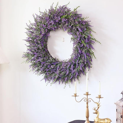32'' Large Eucalyptus and Lavender Wreath for Front Door, Porch, Window- Artificial Eucalyptus Leaves with Lavender Wreath for Home, Farmhouse Wall Decor- Spring, Summer, Fall, All Seasons (Purple)