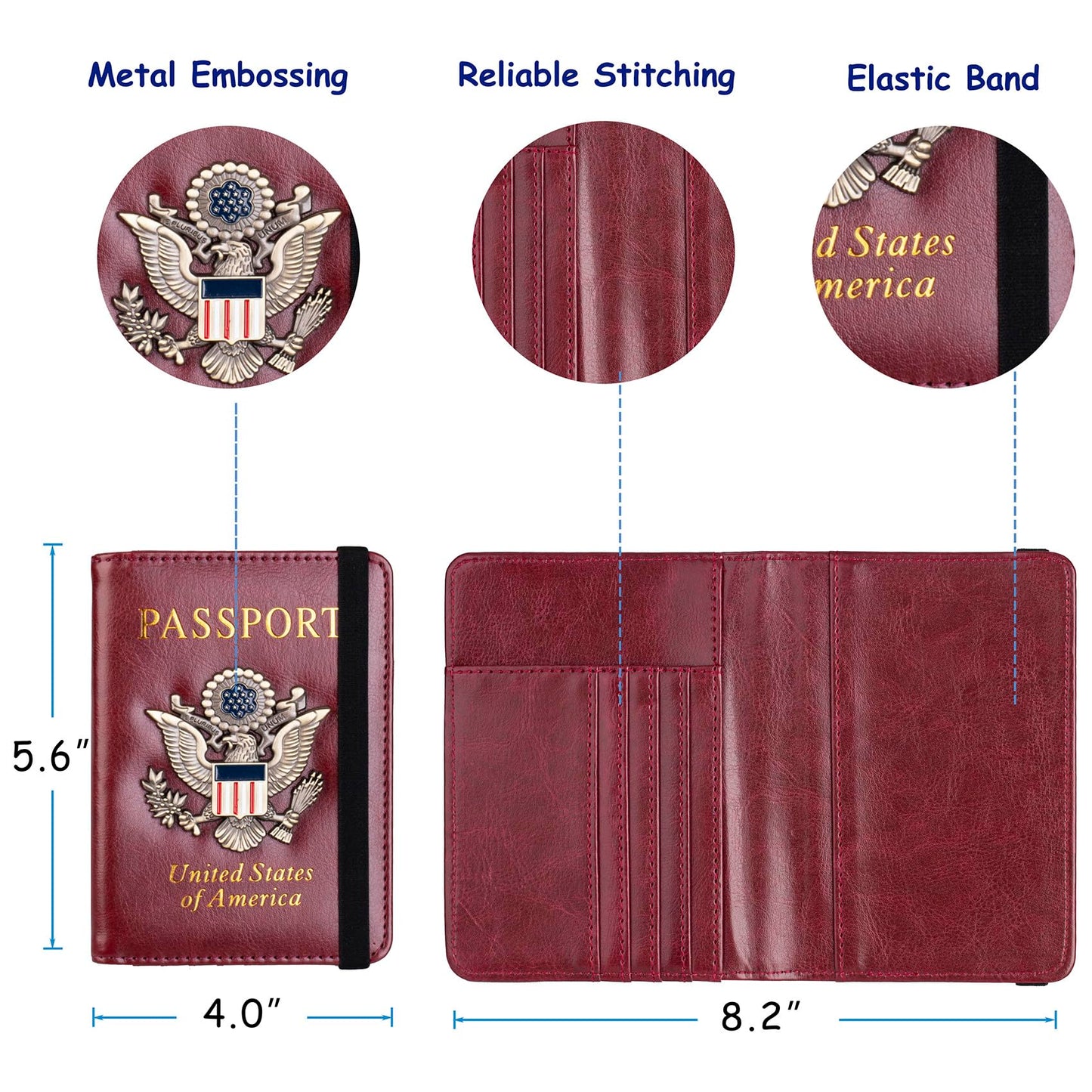TOURSUIT RFID Blocking Passport Holder for Women Men, Leather Passport Travel Wallet with 3D Metal Badge, Travel Document Organizer Cover Accessories (Rose Red)